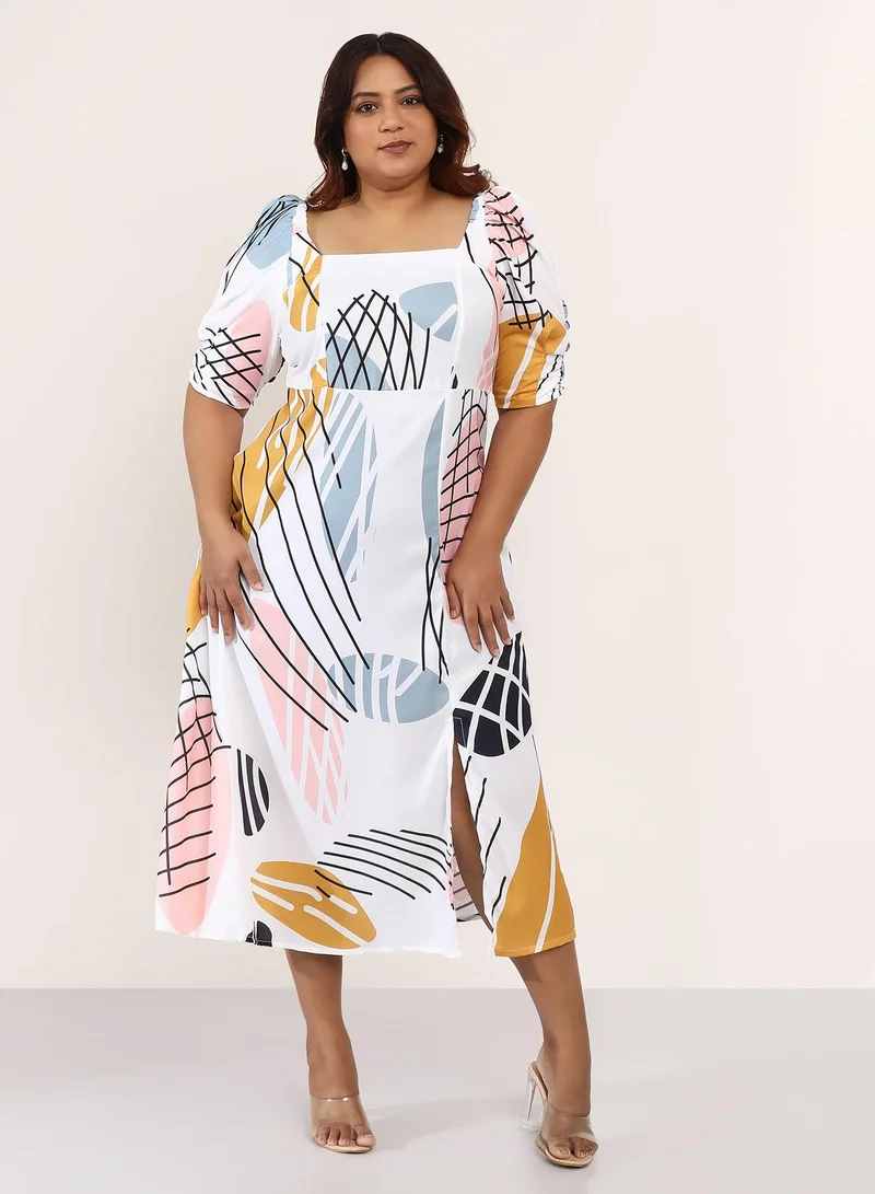 Instafab Plus  Women's Chalk White Contrast-Foliage Midi Dress for Women | Best Price UAE