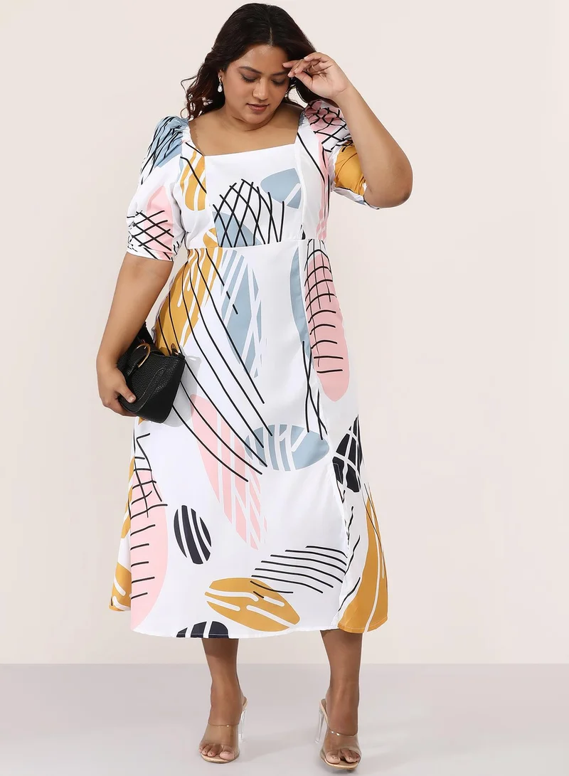 Instafab Plus  Women's Chalk White Contrast-Foliage Midi Dress for Women | Best Price UAE