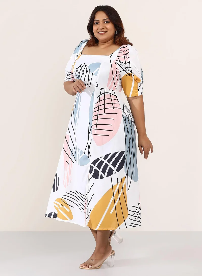 Instafab Plus  Women's Chalk White Contrast-Foliage Midi Dress for Women | Best Price UAE