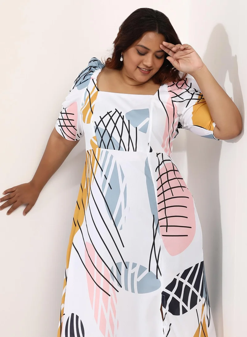 Instafab Plus Women's Contrast-Foliage Midi Dress | Square Neck , Short Puff Sleeves, Pull On Closure | Plus-Size Abstract Print Plain Woven Dress For Casual & Daily Wear | Chalk White