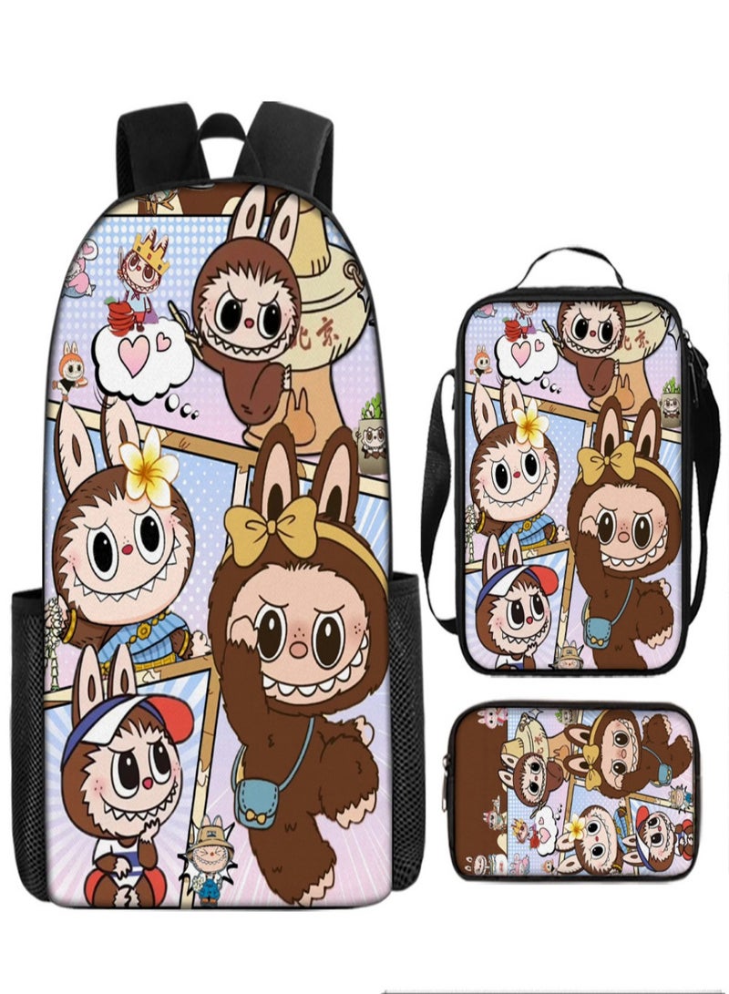 LABUBU Children Backpack Schoolbag Teen Student School Book bag with Lunch Box Pen Case 3 in 1 for Kids