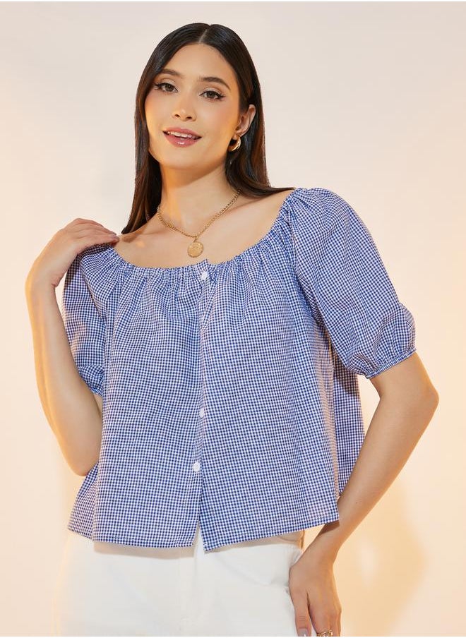 Take Two - Gingham Check Button Down Wide Neck Top - Image 1