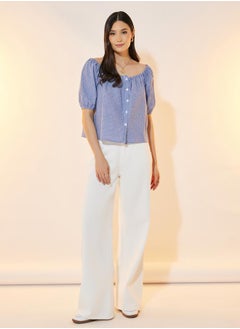 Styli Gingham Check Button Down Wide Neck Top  - Image 2