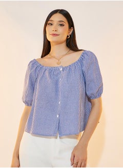 Styli Gingham Check Button Down Wide Neck Top  - Image 3