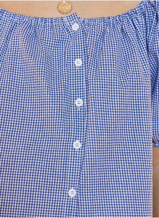 Take Two - Gingham Check Button Down Wide Neck Top - Image 1