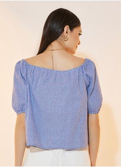 Styli Gingham Check Button Down Wide Neck Top  - Image 5