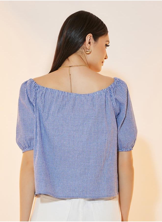Take Two - Gingham Check Button Down Wide Neck Top - Image 1