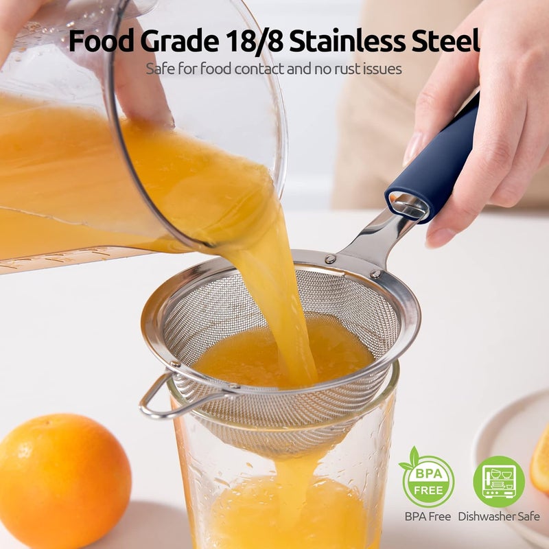 18/8 Stainless Steel Mesh Strainer: 9.9cm Kitchen Fine Mesh Sieve Food Colander with Riveted Sturdy Silicone Handle and 30 Mesh Hole for Straining Flour, Quinoa, Tea, Juice (Midnight Blue) - Image 3