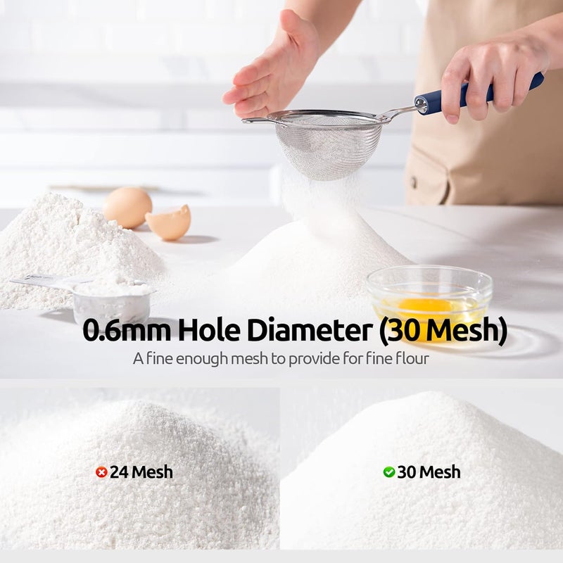 18/8 Stainless Steel Mesh Strainer: 9.9cm Kitchen Fine Mesh Sieve Food Colander with Riveted Sturdy Silicone Handle and 30 Mesh Hole for Straining Flour, Quinoa, Tea, Juice (Midnight Blue) - Image 4