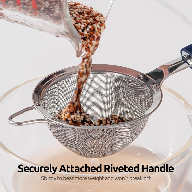 18/8 Stainless Steel Mesh Strainer: 9.9cm Kitchen Fine Mesh Sieve Food Colander with Riveted Sturdy Silicone Handle and 30 Mesh Hole for Straining Flour, Quinoa, Tea, Juice (Midnight Blue) - Image 5