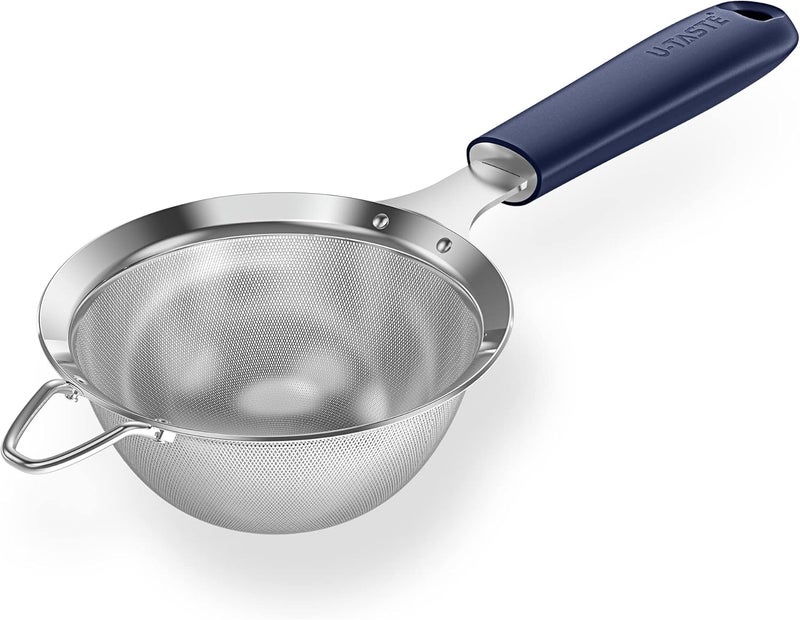 18/8 Stainless Steel Mesh Strainer: 9.9cm Kitchen Fine Mesh Sieve Food Colander with Riveted Sturdy Silicone Handle and 30 Mesh Hole for Straining Flour, Quinoa, Tea, Juice (Midnight Blue) - Image 1
