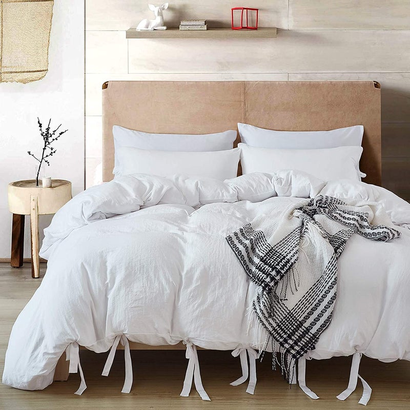 annadaif White Duvet Cover Full Size 3 Pieces Soft Washed Microfiber Duvet Cover Set Comforter Cover with Bowknot Bow Tie 1 Duvet Cover 79x90 Inch 2 Pillowcases Easy Care Bedding Set