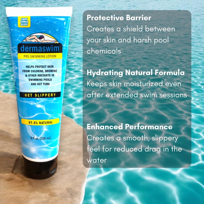 DERMASWIM Pre-Swim Lotion for Chlorine Protection â€“ 8 fl oz | 97.5% Natural & Paraben-Free | Vitamin-Enriched with Aloe & Green Tea | Shields & Moisturizes Skin Before Swimming in Pools or Hot Tubs - Image 3