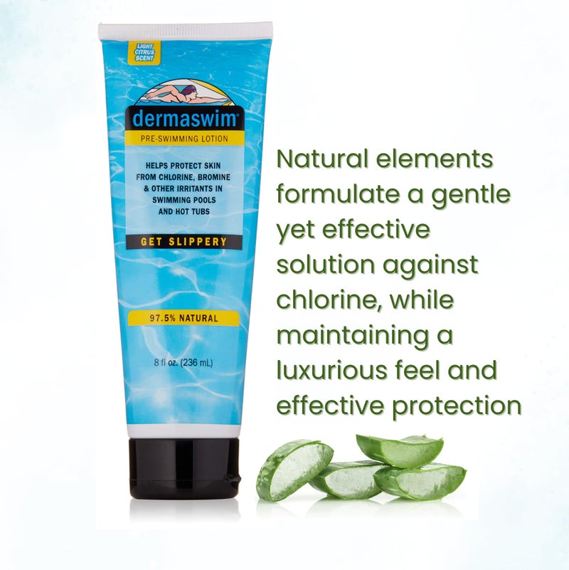 DERMASWIM Pre-Swim Lotion for Chlorine Protection â€“ 8 fl oz | 97.5% Natural & Paraben-Free | Vitamin-Enriched with Aloe & Green Tea | Shields & Moisturizes Skin Before Swimming in Pools or Hot Tubs - Image 4