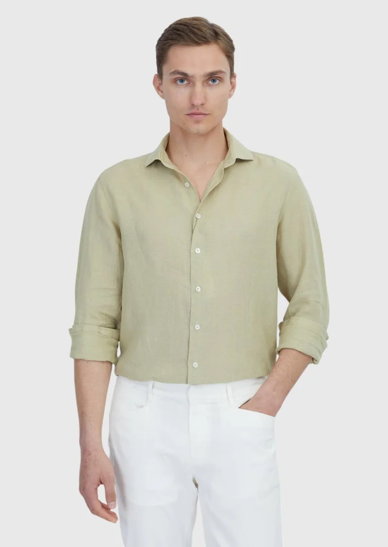 RAMSEY Light Green Plain Casual Fit Long Weaving Casual 100% Linen Shirt