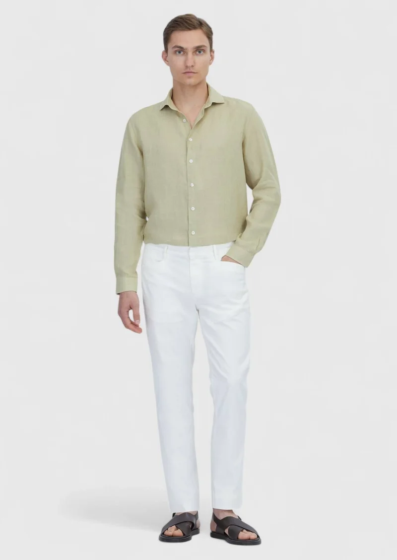 RAMSEY Light Green Plain Casual Fit Long Weaving Casual 100% Linen Shirt