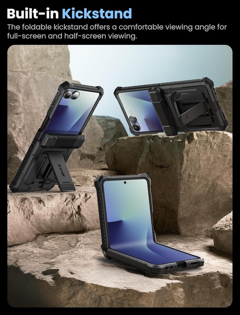 آي-بلاسون حافظة i-Blason لهاتف Samsung Galaxy Z Flip 7 مع حامل، [واقي شاشة من الزجاج المقوى] [حماية المفصل] [مشبك حزام]، حماية عسكرية لكامل الجسم لهاتف Samsung Z Flip 7، Armorbox، أسود - Image 5