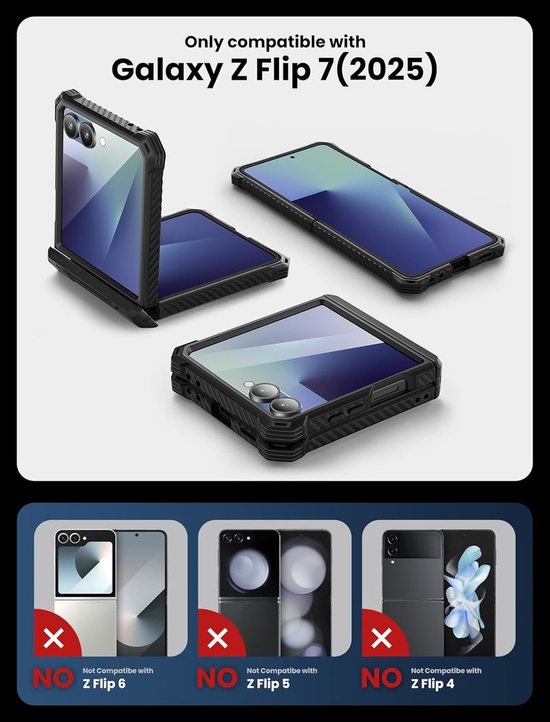 آي-بلاسون حافظة i-Blason لهاتف Samsung Galaxy Z Flip 7 مع حامل، [واقي شاشة من الزجاج المقوى] [حماية المفصل] [مشبك حزام]، حماية عسكرية لكامل الجسم لهاتف Samsung Z Flip 7، Armorbox، أسود - Image 2