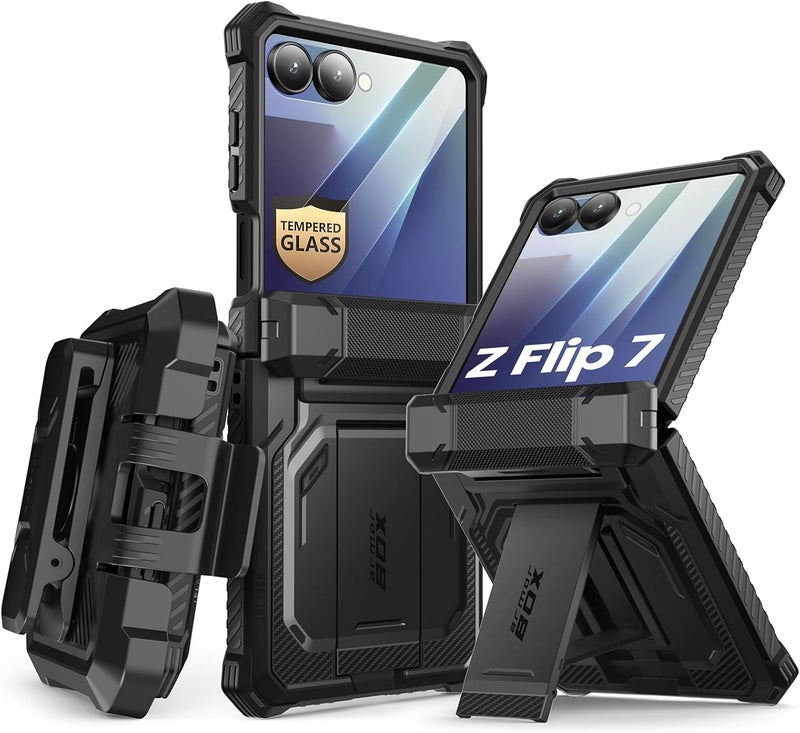 آي-بلاسون حافظة i-Blason لهاتف Samsung Galaxy Z Flip 7 مع حامل، [واقي شاشة من الزجاج المقوى] [حماية المفصل] [مشبك حزام]، حماية عسكرية لكامل الجسم لهاتف Samsung Z Flip 7، Armorbox، أسود - Image 1