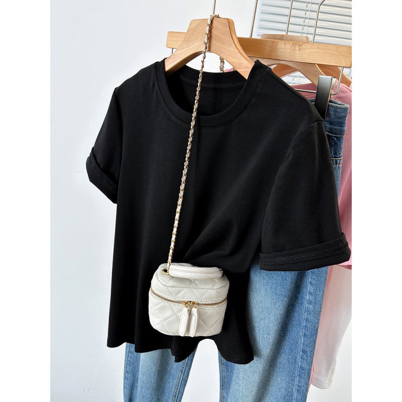 4 F093 2024 Chubby Girl Plus Size Joker Chic Design Hemming Sleeve Shoulder Short Sleeve T-Shirt - Image 1