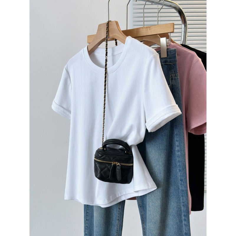 4 F093 2024 Chubby Girl Plus Size Joker Chic Design Hemming Sleeve Shoulder Short Sleeve T-Shirt - Image 3