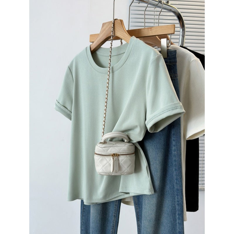 4 F093 2024 Chubby Girl Plus Size Joker Chic Design Hemming Sleeve Shoulder Short Sleeve T-Shirt - Image 5