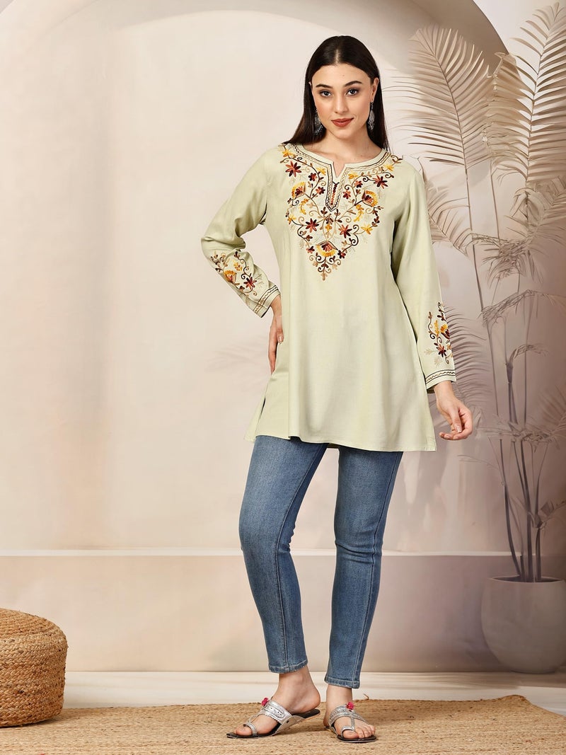 QAZMI Women's Rayon Jasmine Kashmiri A-Line Regular Fit Short Kurti_Xs Pastel Green - Image 5