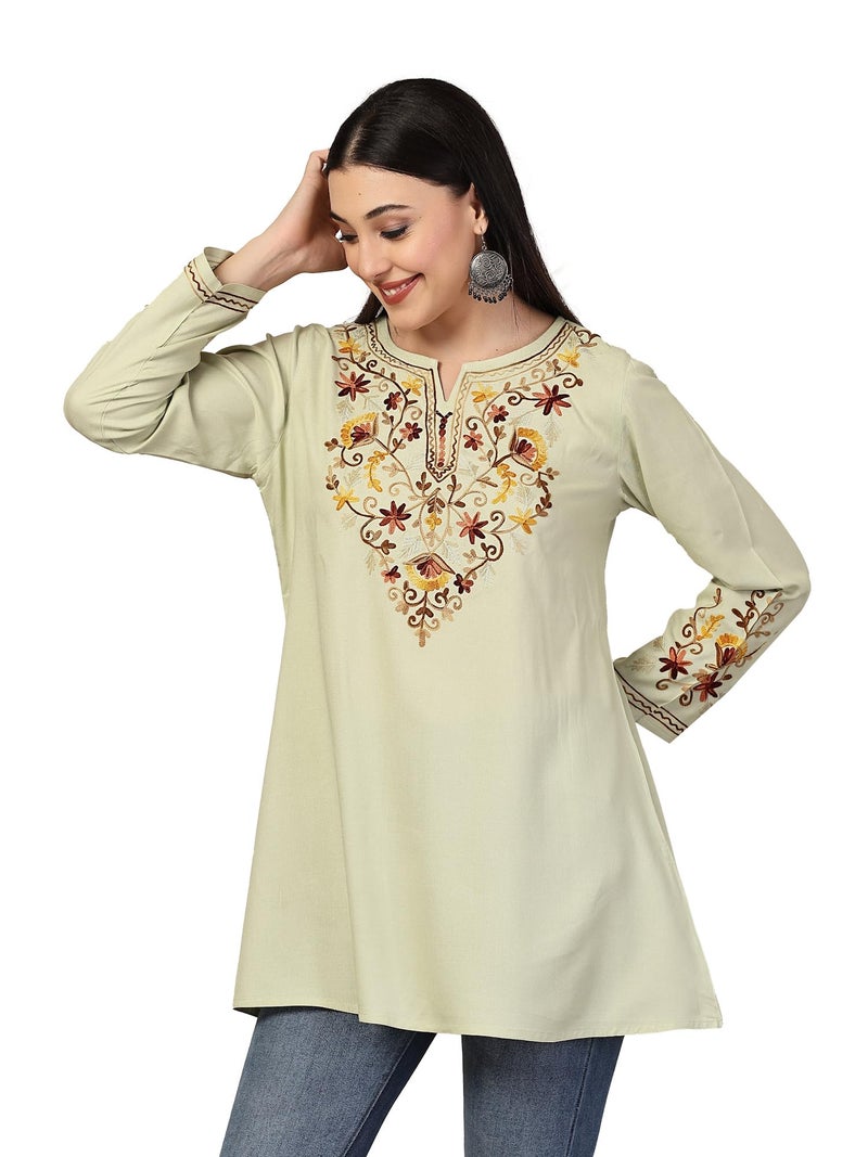 QAZMI Women's Rayon Jasmine Kashmiri A-Line Regular Fit Short Kurti_Xs Pastel Green - Image 1