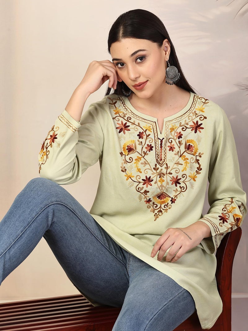 QAZMI Women's Rayon Jasmine Kashmiri A-Line Regular Fit Short Kurti_Xs Pastel Green - Image 4