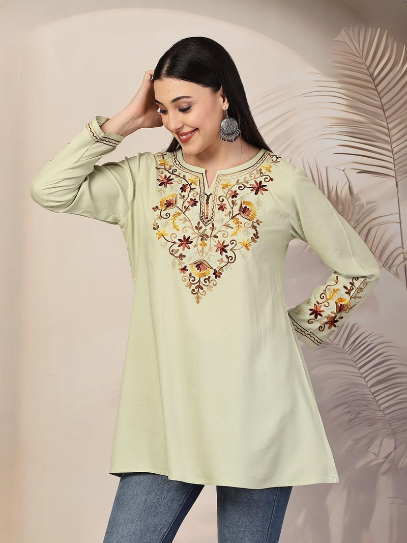 QAZMI Women's Rayon Jasmine Kashmiri A-Line Regular Fit Short Kurti_Xs Pastel Green - Image 3