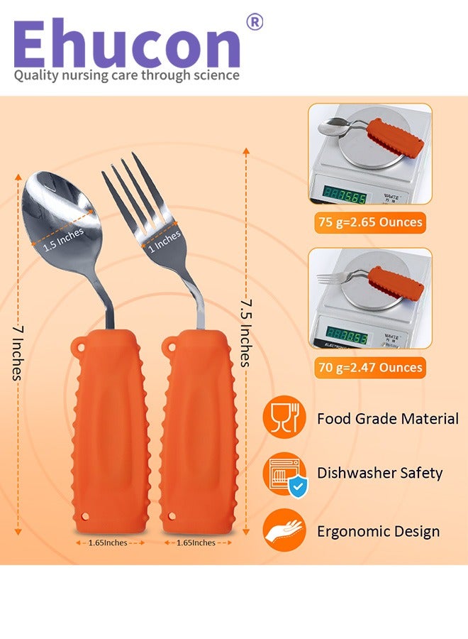 Ehucon Adaptive Utensils  Easy to Hold for Independent Eating, Weighted Utensils for Hand Tremors (right hand, fork+spoon, orange) - Image 2