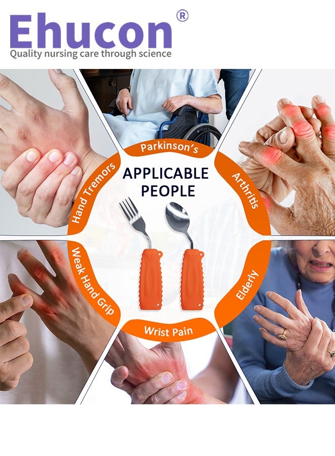 Ehucon Adaptive Utensils  Easy to Hold for Independent Eating, Weighted Utensils for Hand Tremors (right hand, fork+spoon, orange) - Image 4