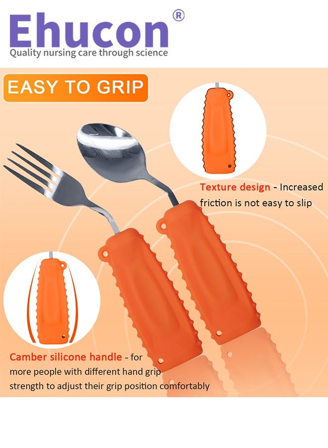 Ehucon Adaptive Utensils  Easy to Hold for Independent Eating, Weighted Utensils for Hand Tremors (right hand, fork+spoon, orange) - Image 3