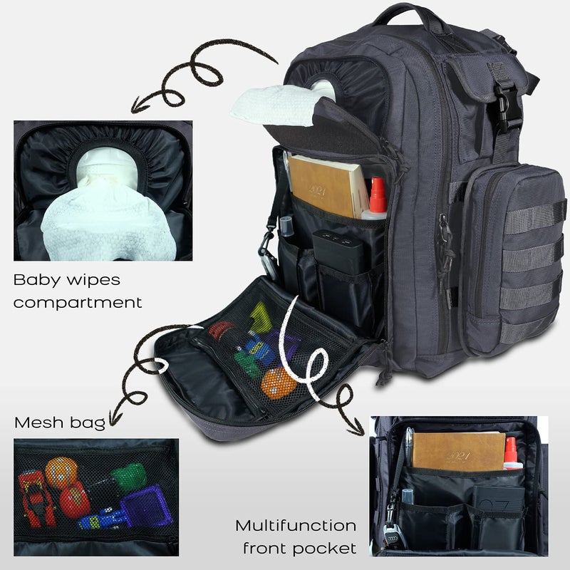 Dinictis Dad Diaper Bag, Mens Diaper Bag Backpack with Diaper Changing Mat, Military Diaper Backpack with Molle Webbing, Waterproof Pouch, Baby Wipes pocket, Insulated Bottle Pockets- Dark Grey - Image 3