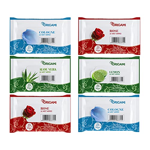 Origami Wet Wipes/Wet Tissue/Wet Facial Tissue - 15 x 20 cm - 25 Pulls Per Pack - Pack of 6-150 Wipes - Assorted Fragrances - Image 1