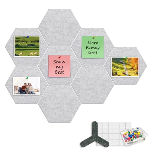 ANLIOTE 8-Pack Hexagon Felt Cork Board, 1/2" Thick Felt Bulletin Pinboard with 80 Push Pins, Adhesive Tabs, Geometric Cork Wall Tiles for Photos, Memos, Home & Office Decor (Light Grey) - Image 1