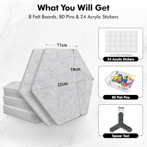 ANLIOTE 8-Pack Hexagon Felt Cork Board, 1/2" Thick Felt Bulletin Pinboard with 80 Push Pins, Adhesive Tabs, Geometric Cork Wall Tiles for Photos, Memos, Home & Office Decor (Light Grey) - Image 3