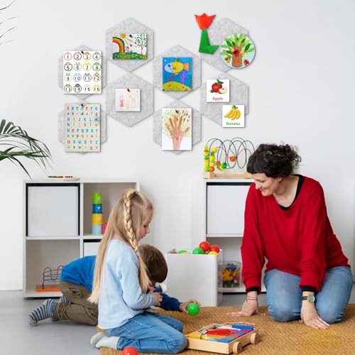 ANLIOTE 8-Pack Hexagon Felt Cork Board, 1/2" Thick Felt Bulletin Pinboard with 80 Push Pins, Adhesive Tabs, Geometric Cork Wall Tiles for Photos, Memos, Home & Office Decor (Light Grey) - Image 5
