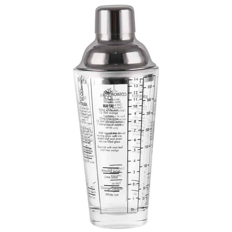JNWINOG Cocktail Shaker GlassMartini Shaker With Recipes on Side 135oz Mixed Drink Shaker with Glass Cup Professional Bar Tool with Scale Glass Silver 135oz