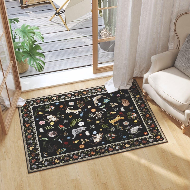 Rugcomf Door Mat Indoor Entrance 2x3 Rug Machine Washable Boho Floral Animal Cat Small Area Rug Non-Slip Low Pile Throw Rugs for Entryway Kitchen Front Door Indoor Entrance Entry Kids Room, Black - Image 3