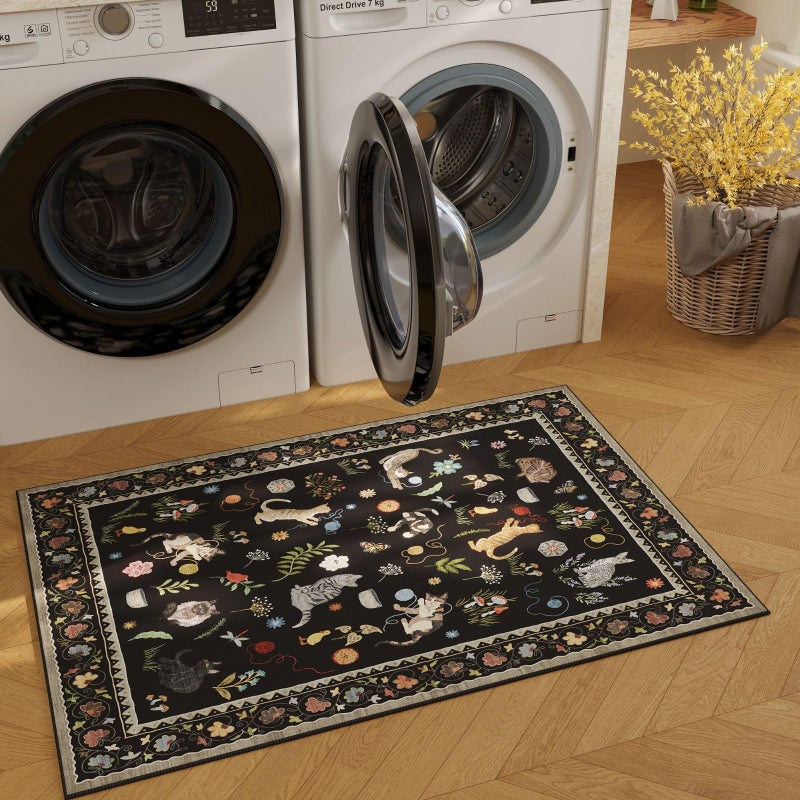 Rugcomf Door Mat Indoor Entrance 2x3 Rug Machine Washable Boho Floral Animal Cat Small Area Rug Non-Slip Low Pile Throw Rugs for Entryway Kitchen Front Door Indoor Entrance Entry Kids Room, Black - Image 5