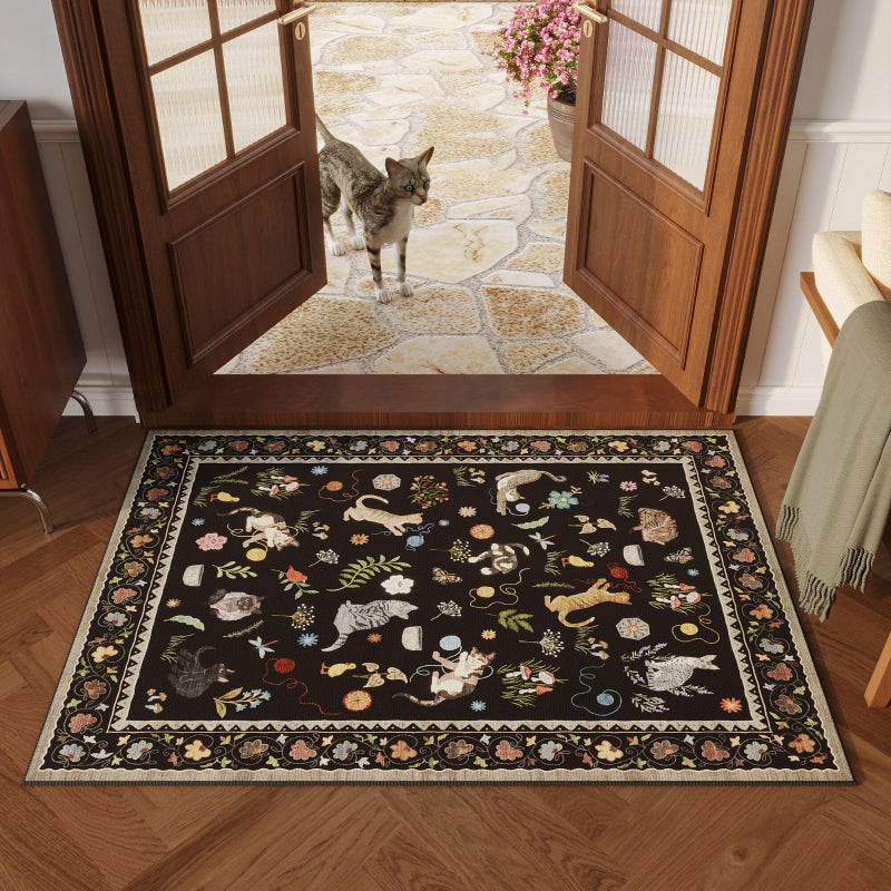 Rugcomf Door Mat Indoor Entrance 2x3 Rug Machine Washable Boho Floral Animal Cat Small Area Rug Non-Slip Low Pile Throw Rugs for Entryway Kitchen Front Door Indoor Entrance Entry Kids Room, Black - Image 2