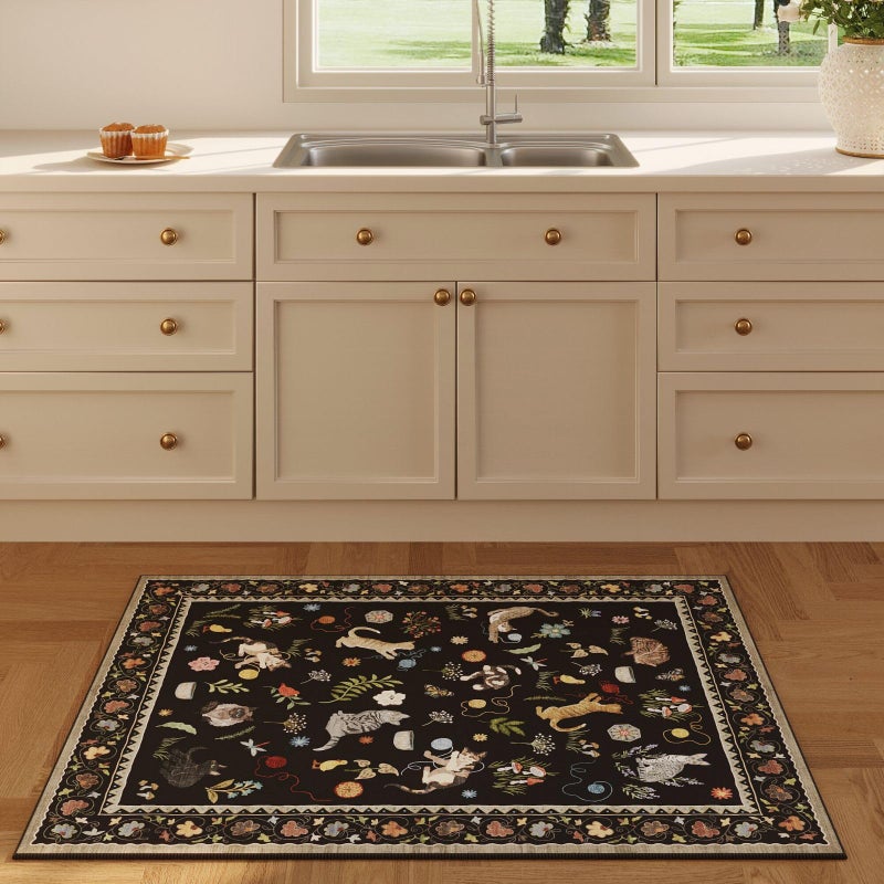 Rugcomf Door Mat Indoor Entrance 2x3 Rug Machine Washable Boho Floral Animal Cat Small Area Rug Non-Slip Low Pile Throw Rugs for Entryway Kitchen Front Door Indoor Entrance Entry Kids Room, Black - Image 4