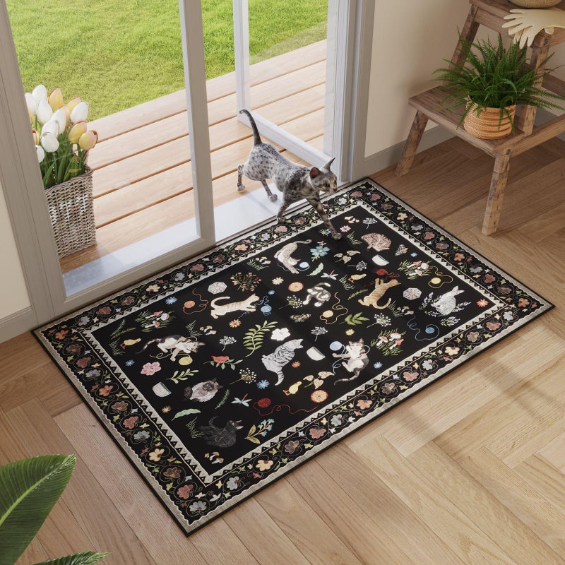 Rugcomf Door Mat Indoor Entrance 2x3 Rug Machine Washable Boho Floral Animal Cat Small Area Rug Non-Slip Low Pile Throw Rugs for Entryway Kitchen Front Door Indoor Entrance Entry Kids Room, Black - Image 1