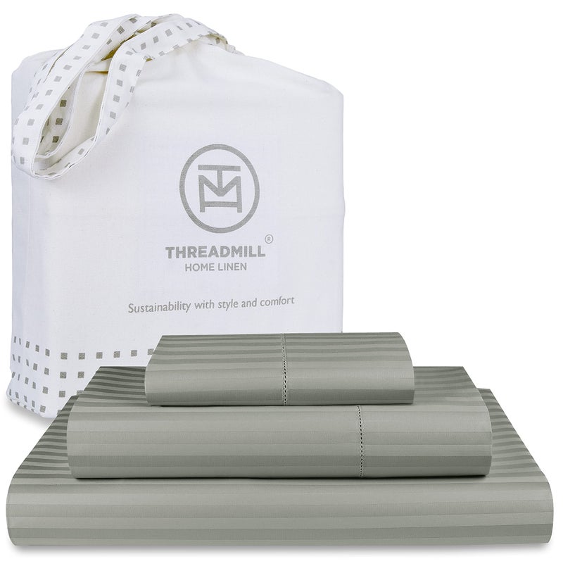 Threadmill 100 Cotton Sheets for Twin Size Bed  600 Thread Count Twin Bed Sheets Set with 15 Deep Pocket  Damask Stripe Sateen Weave 3Piece Bedding Set with Cooling Effect Moonrock Grey