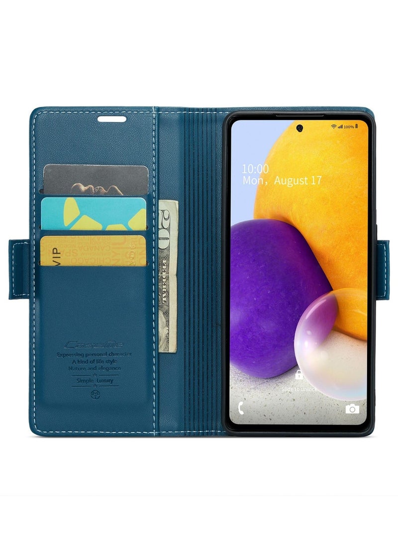 CaseMe Phone Case Luxury PU Leather Design Anti Fingerprint 023 Flip Cover Card Slot Holder Cover For Samsung Galaxy A72 (Blue) - Image 4