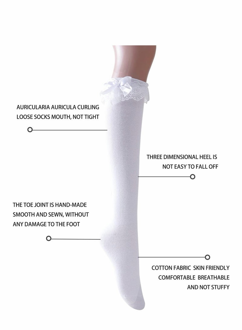 Thigh High Socks Women Girl's Fashion Knee Stockings With Bow Lace Ruffle Trim  Cotton