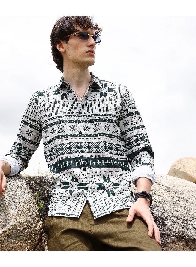 CAHOOT  Men's Forest Green & Cream White Geometric Seersucker Shirt For Casual Wear | Spread Collar | Long Sleeve | Button Closure | Shirt Crafted With Comfort Fit For Everyday Wear for Men | Best Price UAE
