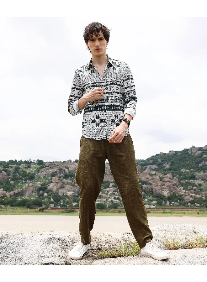 CAHOOT  Men's Forest Green & Cream White Geometric Seersucker Shirt For Casual Wear | Spread Collar | Long Sleeve | Button Closure | Shirt Crafted With Comfort Fit For Everyday Wear for Men | Best Price UAE