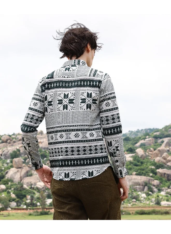 Men's Forest Green & Cream White Geometric Seersucker Shirt For Casual Wear | Spread Collar | Long Sleeve | Button Closure | Shirt Crafted With Comfort Fit For Everyday Wear